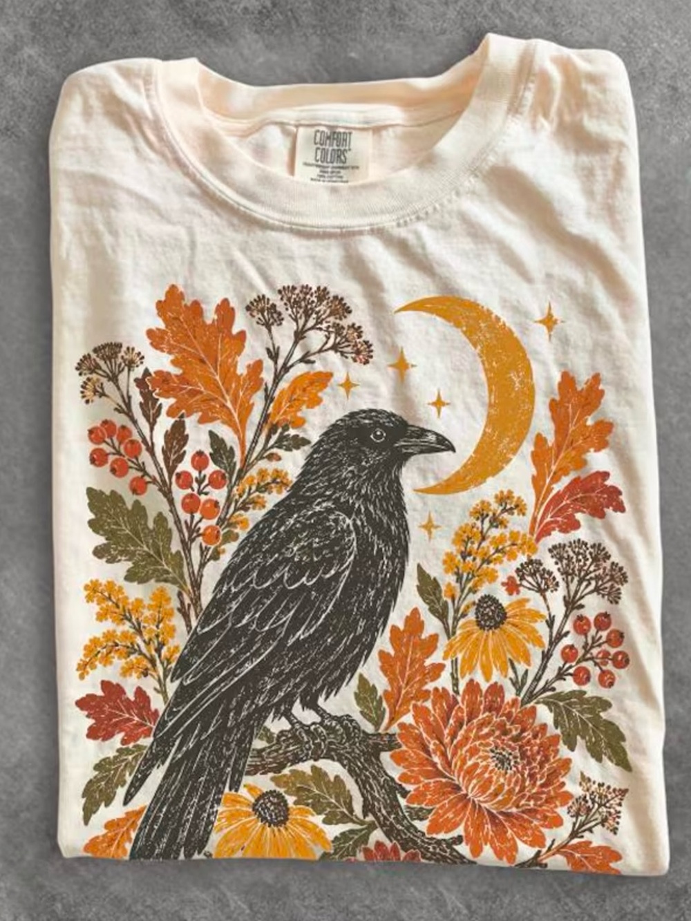 Autumn Botanical Crow Moon Cozy Fall Cream Comfort Colors T-Shirt